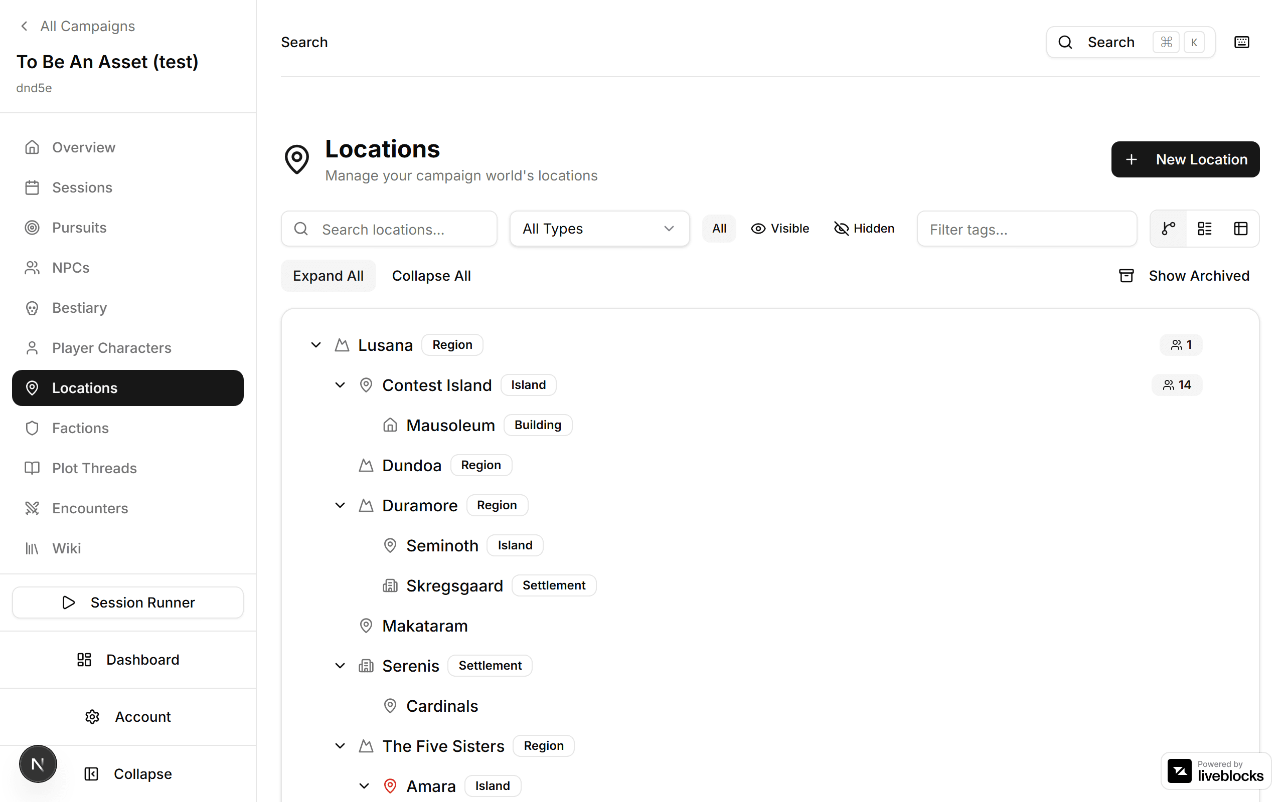 Location hierarchy tree showing campaign world structure